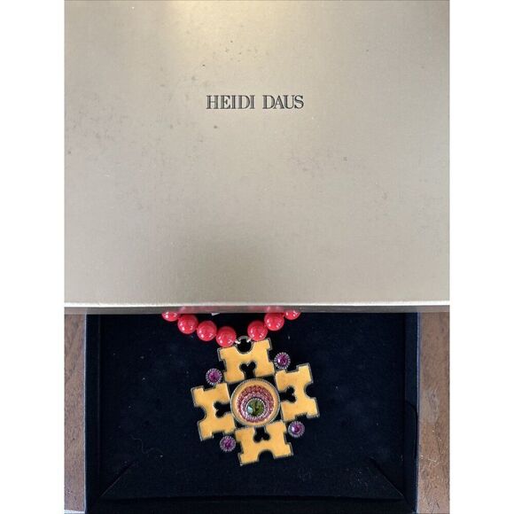 Heidi Daus Maltese Cross Necklace Orange Yellow Red Beaded Enameled Box Warranty - Picture 6 of 6